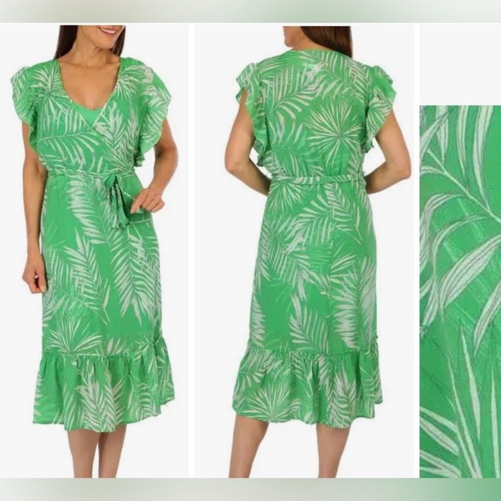 NWT! Mlle Gabrielle Woman’s Green & White Tropical Leaf Print Midi Dress. Sz L